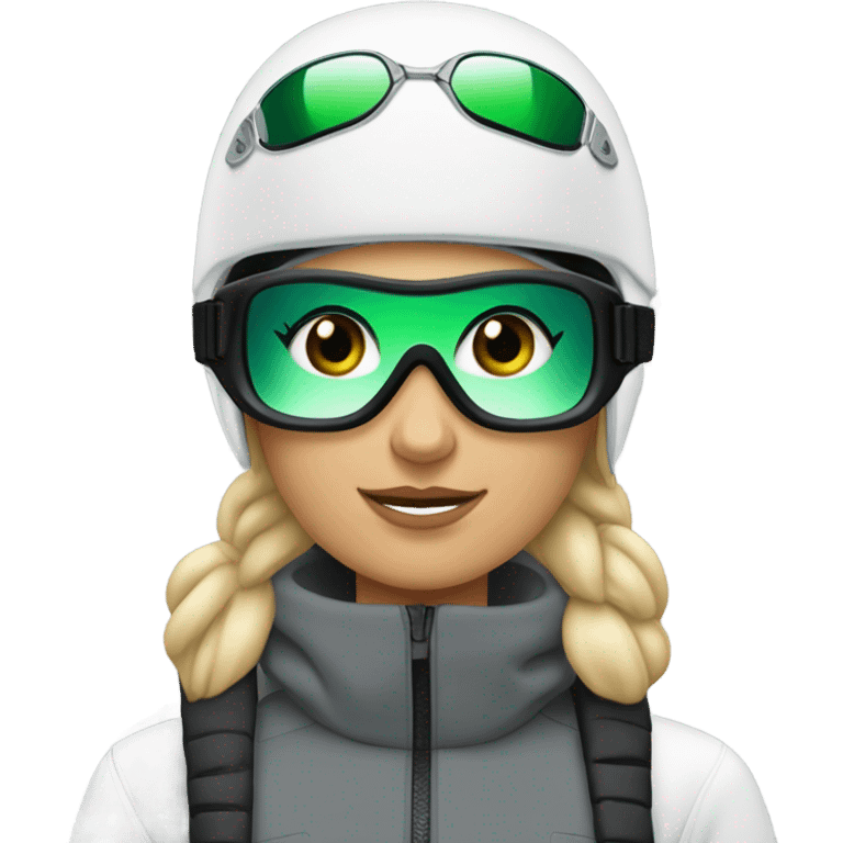 Green-eyed, fat female skier with medium-length straight blonde hair no curls, snow goggles on top of helmet, white ski helmet, gray snow jacket, green ski gloves, long black pants rolled up at the bottom, black only snow boots standing tall. emoji