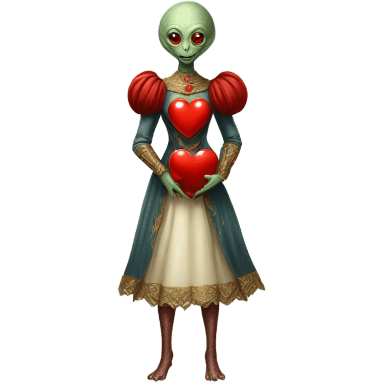 a Reptilian alien woman full body in Romanov dress, holding big red heart emoji