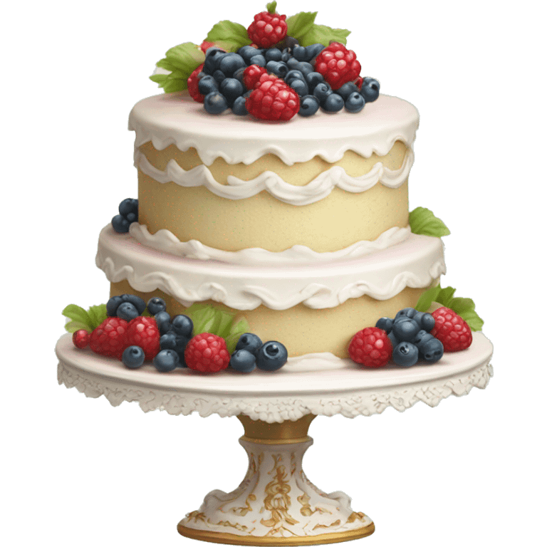 aesthetic vintage rococo cake with white icing, berries on cake stand  emoji