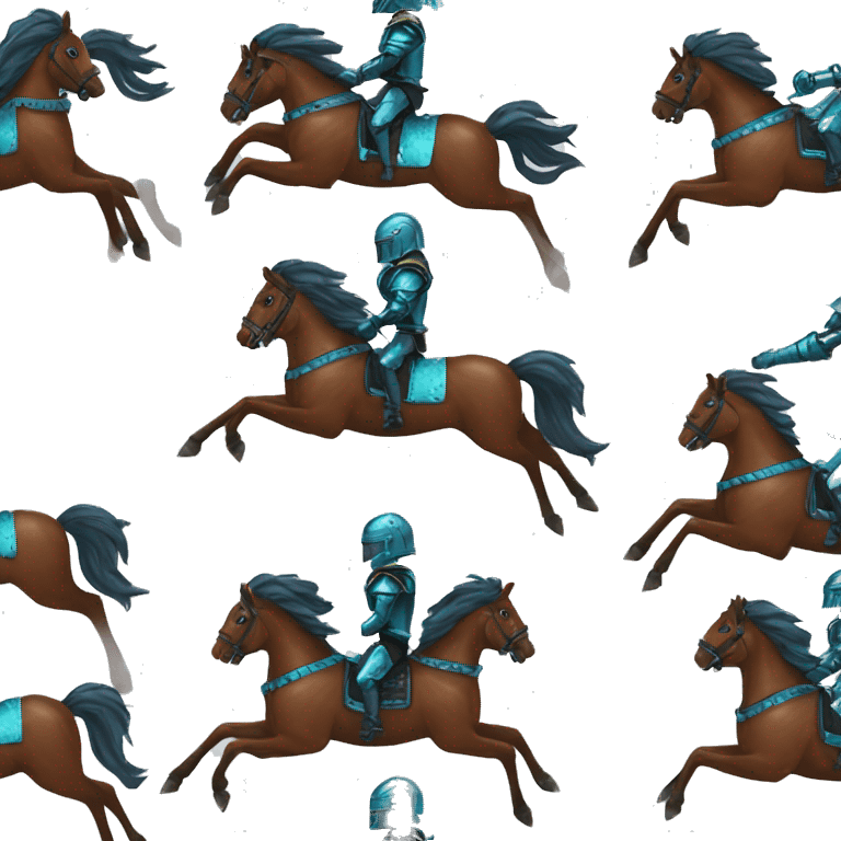 Chestnut and black speckled brindle horse running galloping wearing blue and cyan armour  emoji