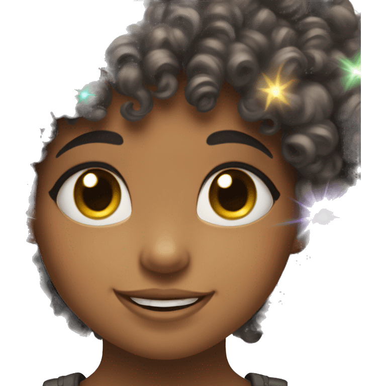 A cute girl with bangs with sparkles around her ad curly hair, smiling(also bubbles around her) emoji