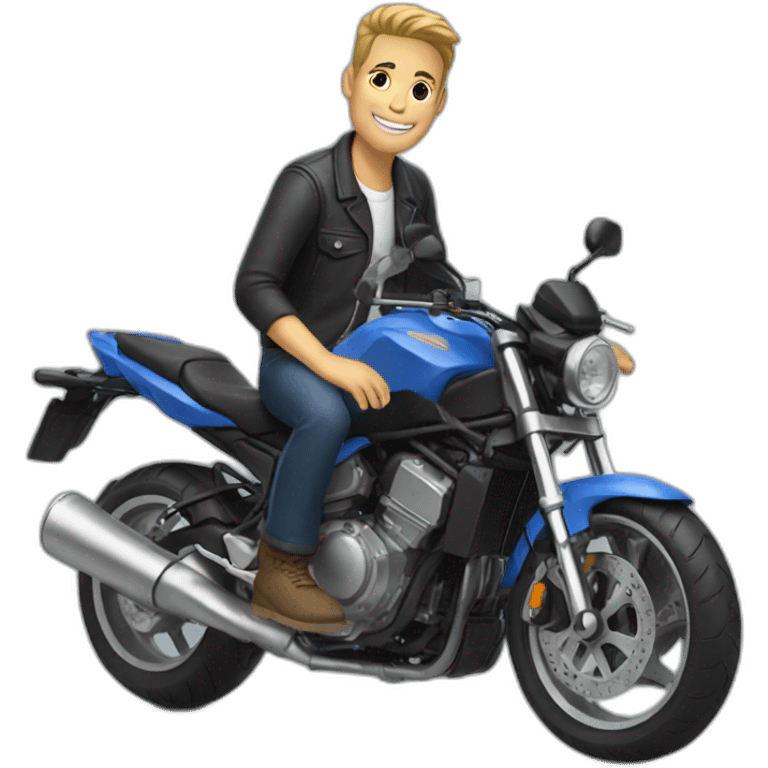 Guy saying thank with foot on motorbike emoji