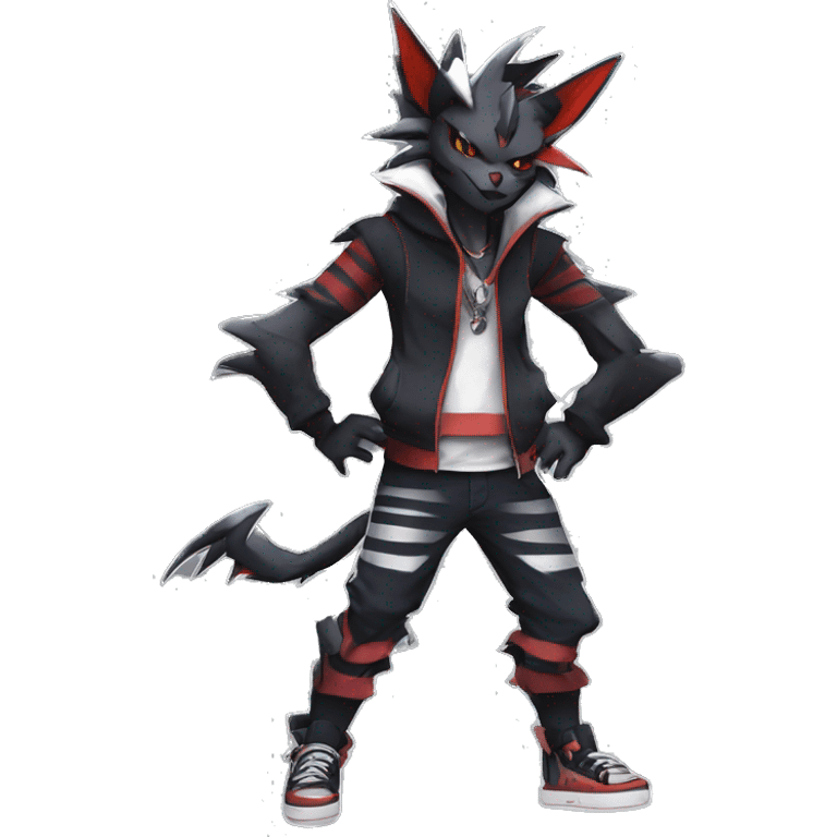 Cool Anthro Black Noivern-Absol-Litten-Pokémon with edgy stripes hoodie spiked collar punk Full Body emoji