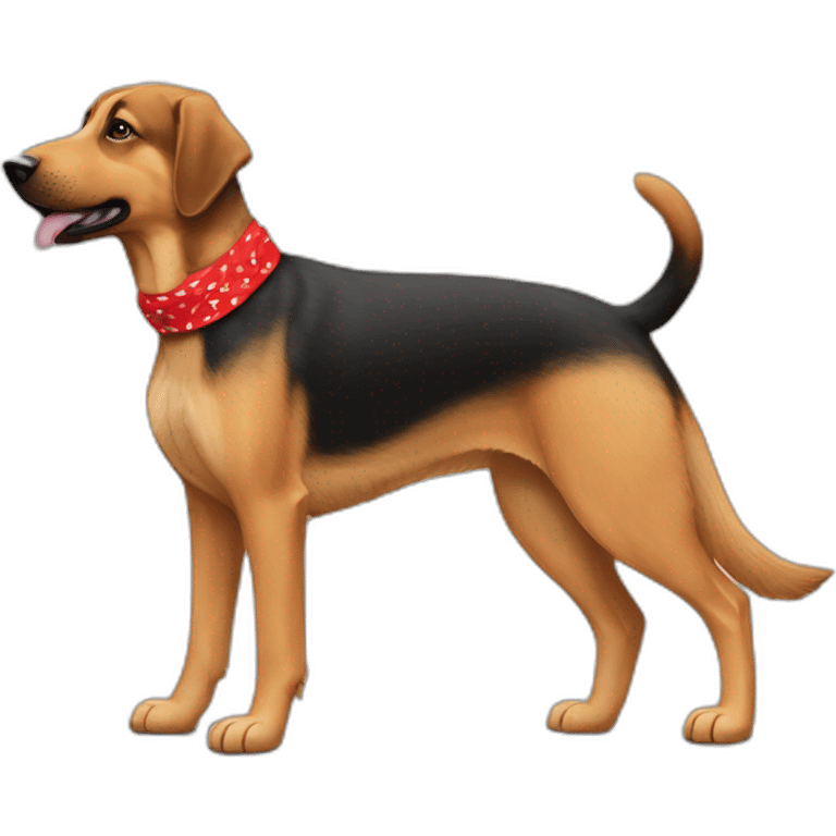 65% Coonhound 35% German Shepherd mix dog wearing small plain red bandana walking left emoji