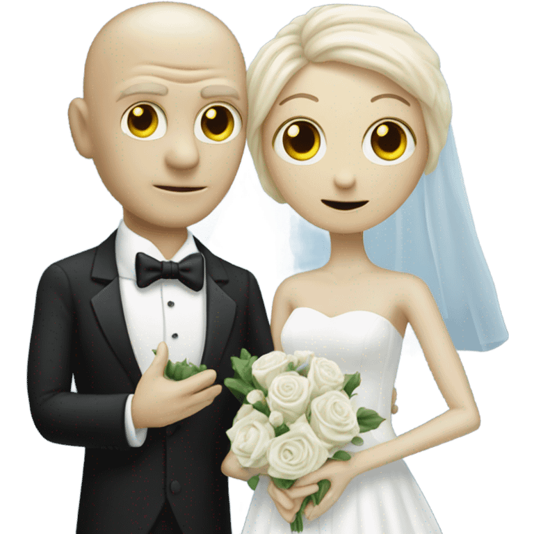 White humman man in a tuxedo, Alien reprilian woman in wedding dress, and one , hands getting married emoji