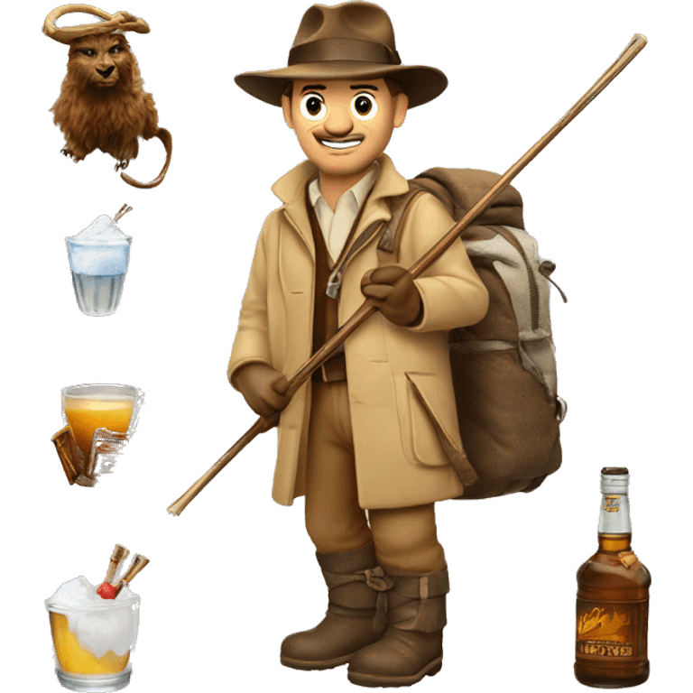 Indiana jones skiing with a shot of whiske emoji