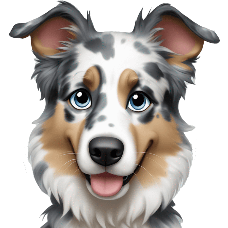 Blue Merle Australia Shepard that has two blue eyes and a black Norse with a white down the eyes  emoji