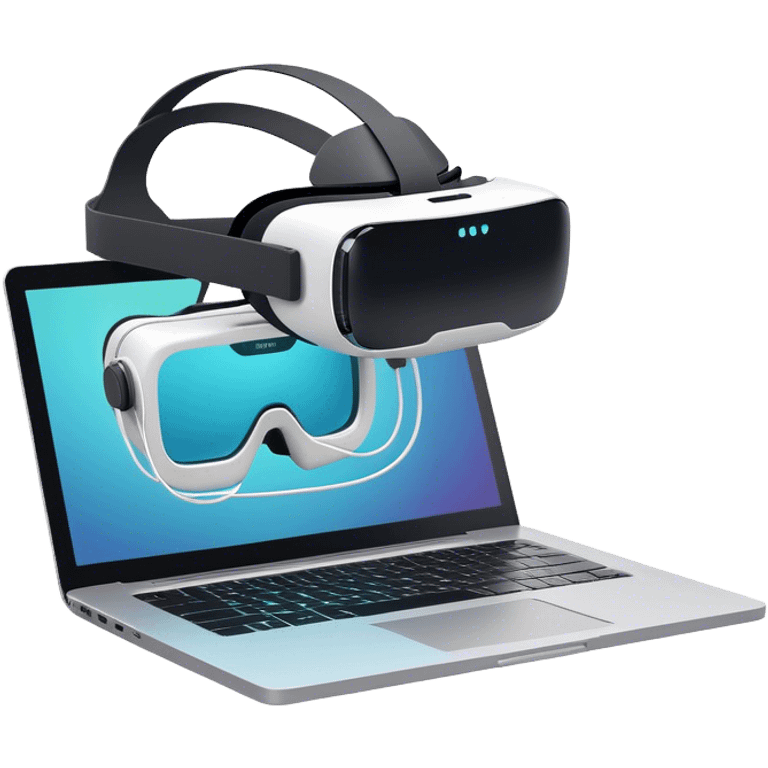 VR headset, wire connected to laptop, laptop screen showing VR/AR modeling software, floating 3D models or virtual objects, modern, tech-inspired colors, no emojis or smiley faces, transparent background. emoji