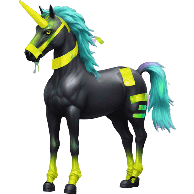 .Zombie_ Vaporwave black holographic oilslick zombie unicorn yellow caution tape graffiti Pegasus with  prosthetic leg  emoji