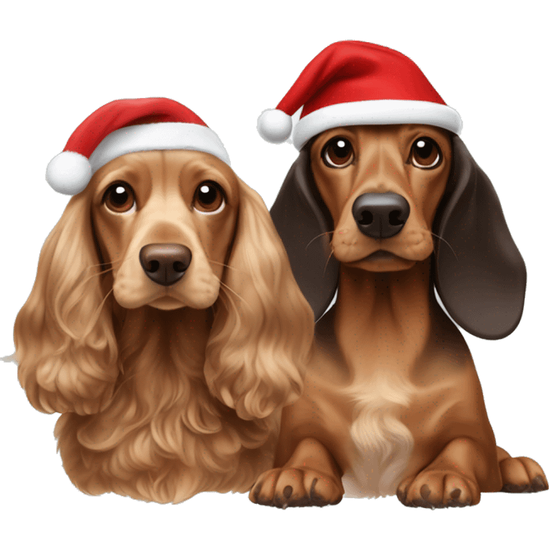 beige cocker spaniel and dark brown dachshund both wearing christmas hats emoji