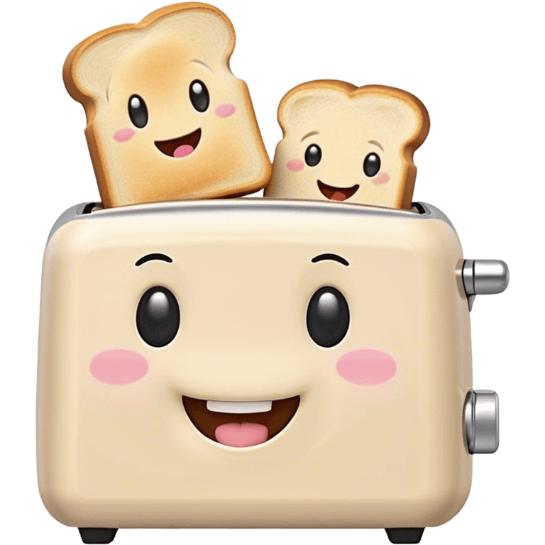 Cute Kawaii Toaster, tiny and square, soft pastel cream with a happy smile, chubby cheeks, two little toast slices popping out, giggling in excitement! emoji