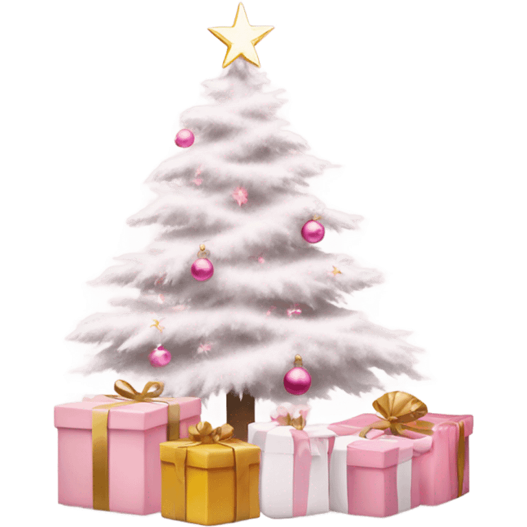 Light pink Christmas gifts under a white Christmas tree  emoji