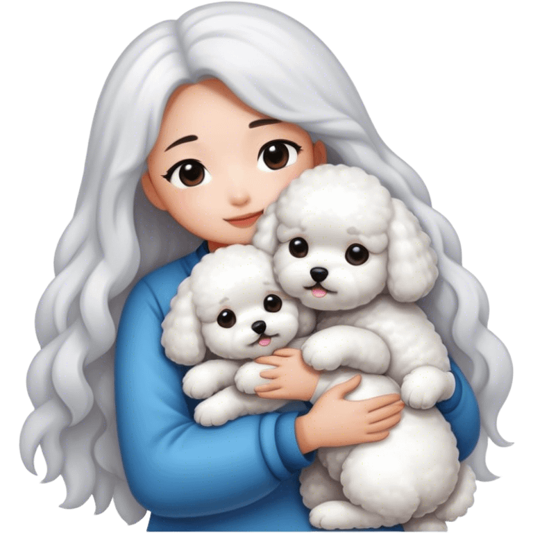 Long hair Asian girl hugging bichon emoji