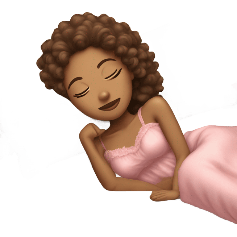 pretty tan girl with brown curly hair in a pink nightgown sleeping on fluffy white pillows emoji