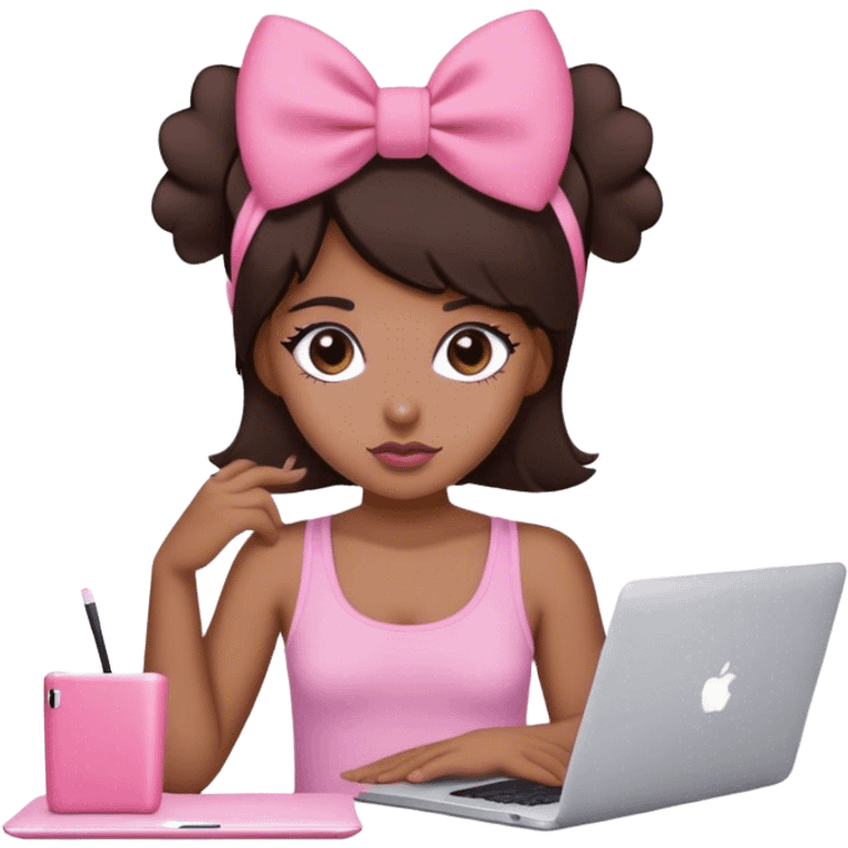 brown girl with dark brown hair with Mac book in front of her and a pink bow on her head dark brown eyes pink tank top and a little bit of blush  emoji