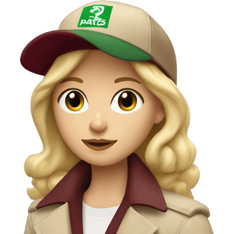 Blonde girl with green eyes in beige trench coat and burgundy baseball cap written Paris on it  emoji