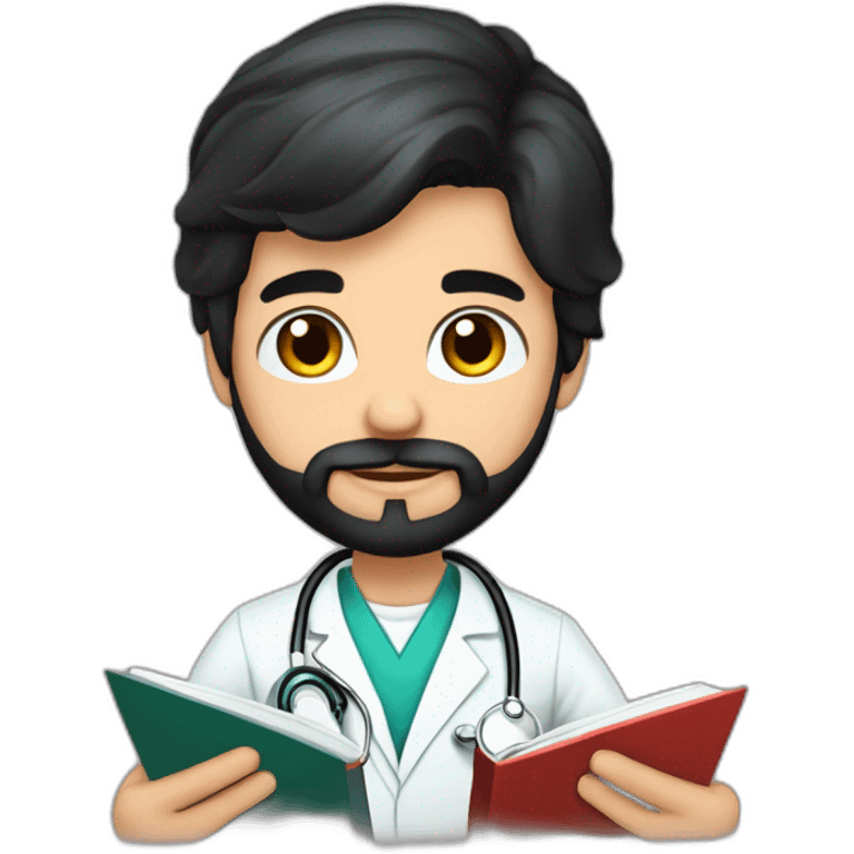 young spanish surgeon with black hair, black beard and stethoscope,reading a book emoji