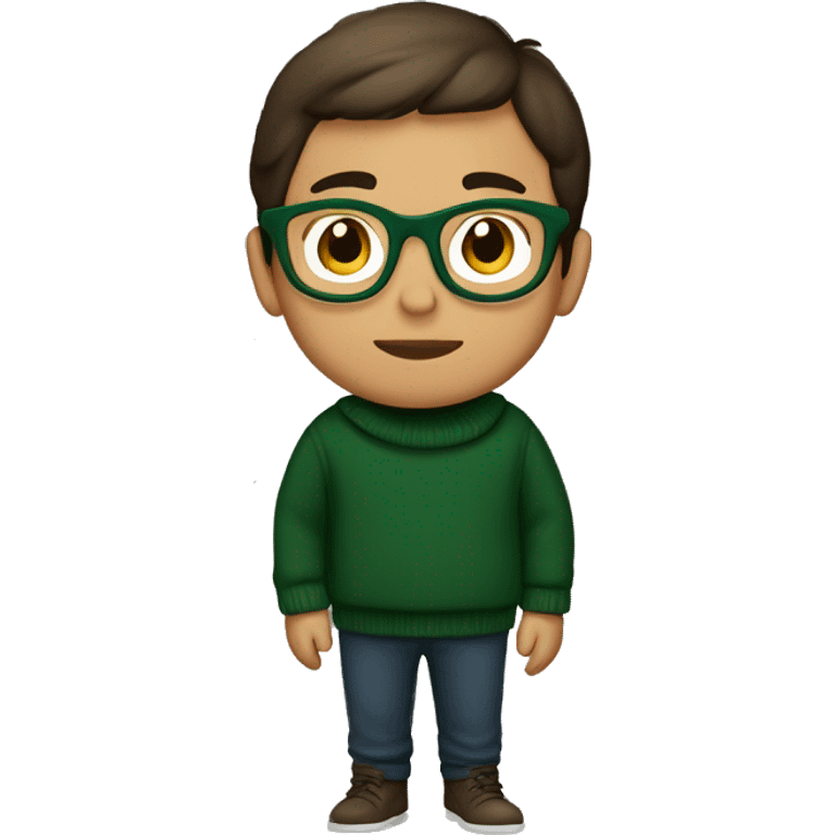 winter, christmas, young boy, short  brown hair, brown eyes, hispanic, dark green sweater, full body, green glasses emoji