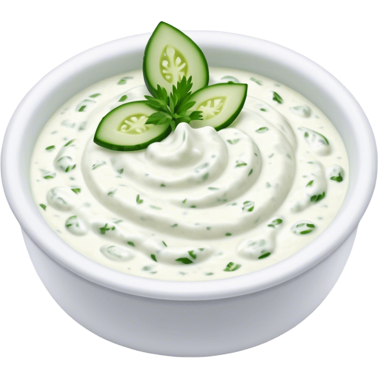 Cinematic Realistic Tzatziki Dish Emoji, featuring a creamy, tangy yogurt sauce with cucumber and herbs rendered with soft textures and cool, refreshing lighting. emoji