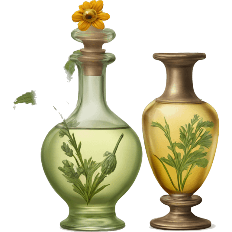 Antique oil perfume bottles with herbal and flowers emoji