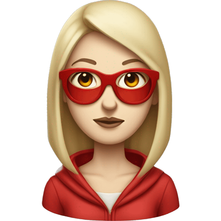 pale skinned woman in a red hoodie long-neck covering most of the face, wearing glasses, soy una fashion victim evidentemente emoji