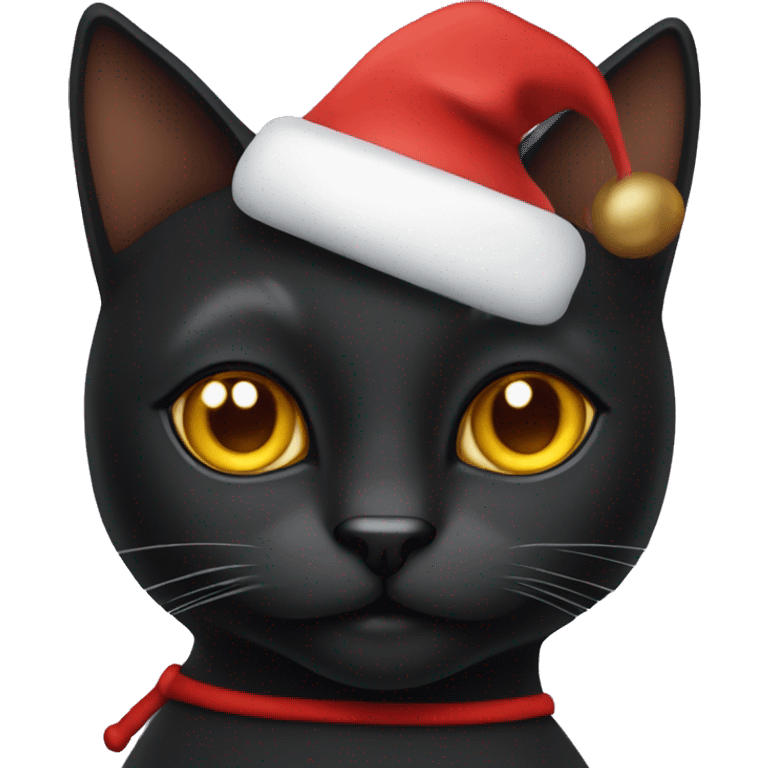 Black cat with amber eyes wearing Santa hat emoji