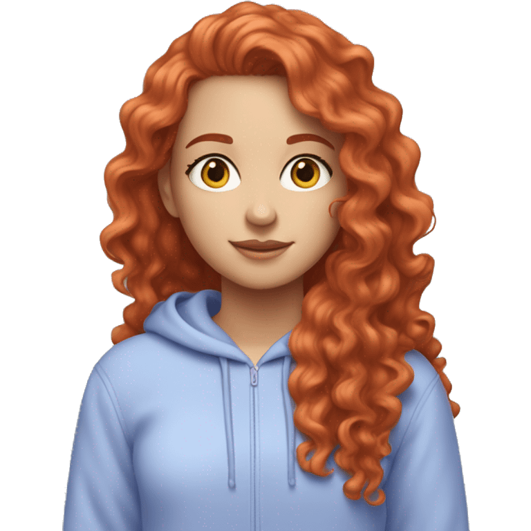 a white girl with long red curly hair, wearing a pastel periwinkle hoodie doing a pose emoji