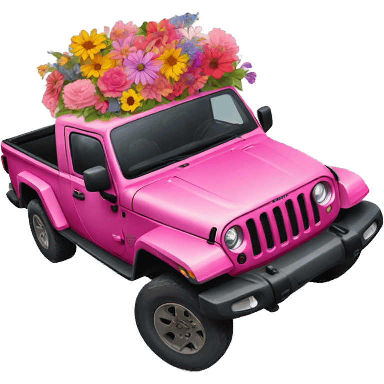 Realistic pink Jeep Gladiator with the truck bed full of flowers. emoji