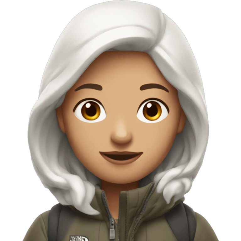 White burgundy haired Girl wearing long northface  emoji