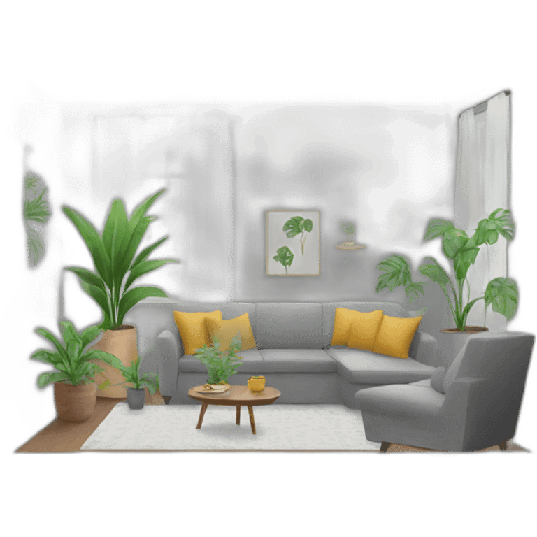 living room with plants and a grey sofa emoji