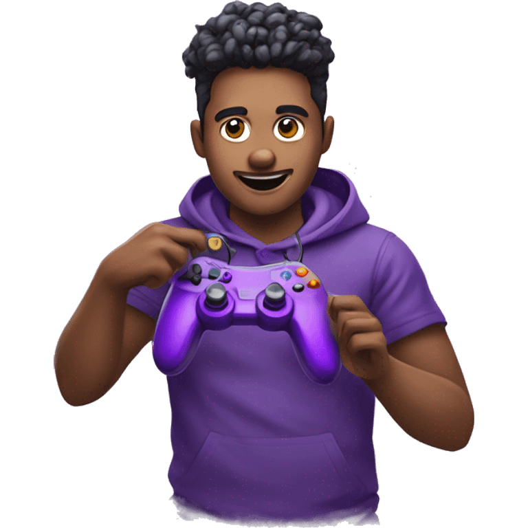 Gaming streamer with a controller in his hand and showing fun with purple color  emoji