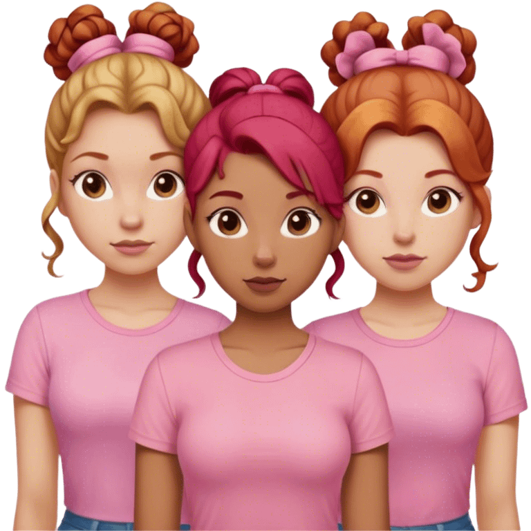 Three sisters one of them have red hair with buns. One of them have dirty blonde hair with ponytail. One of them have white curls with brown hair and they are all wearing pink shirts emoji