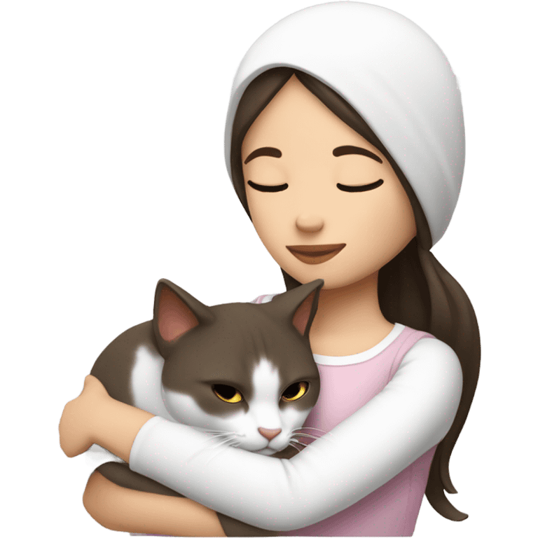 girl dark brown hair sleep with white cat with ash spot clearance on head in her arm emoji