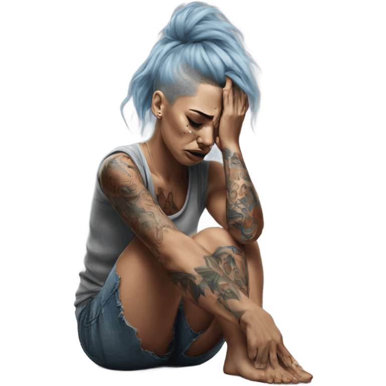 Hyper Realistic Beautiful tattooed woman crying sadly on the floor  emoji