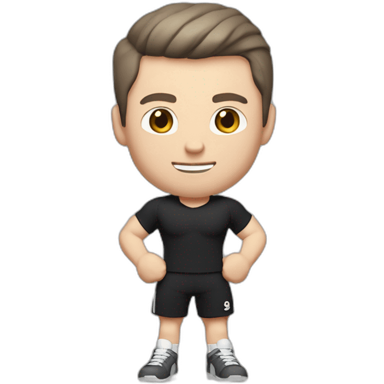 Pale skinned Fit Man With the biceps and dark brown hair in black shirt, gray sports shorts and white Sneakers Relies on the crossbar emoji