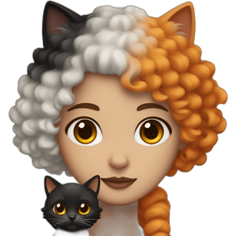 A white skin female with curly hair and a black, an orange and a beige cat emoji