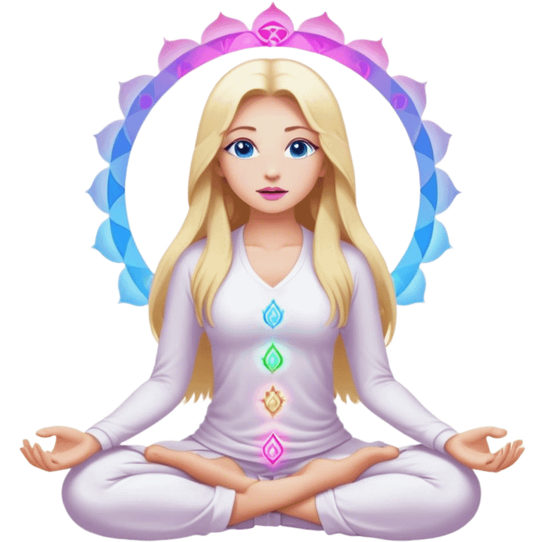 A cinematic realistic blonde with long hair, blue eyes, pink lips in white clothes meditates, her chakras glow emoji