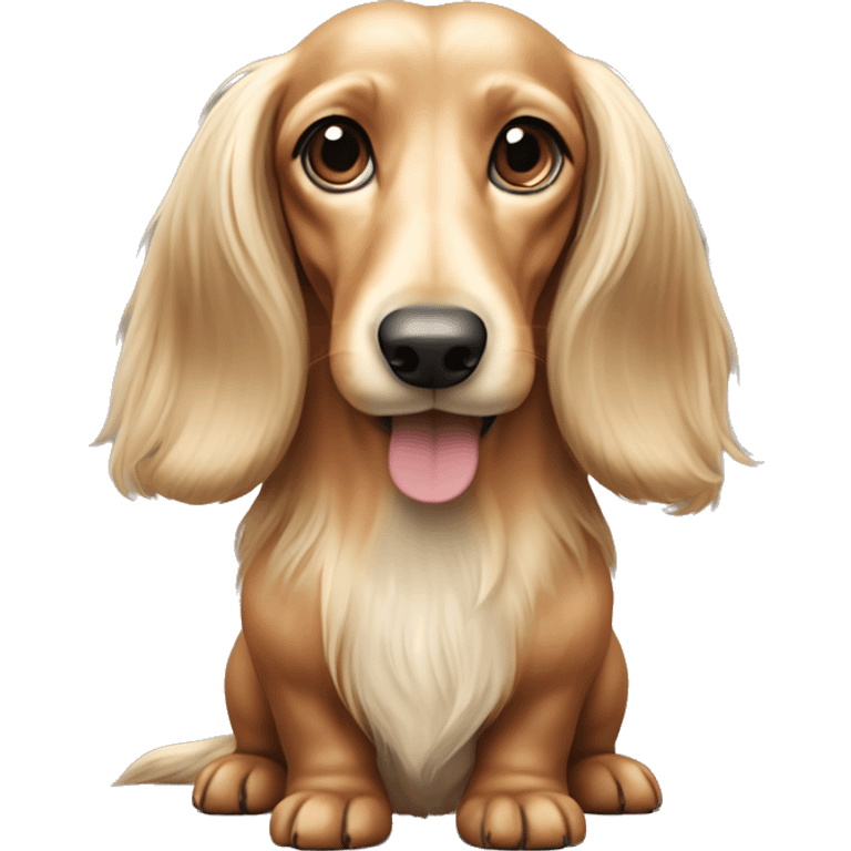 A full-body image of a long-haired Dachshund with cream beige fur, featuring a long face and small eyes. emoji