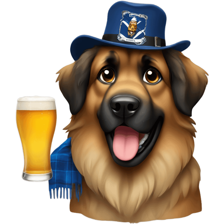 Leonberger dog holding a beer with a Scotland hat emoji