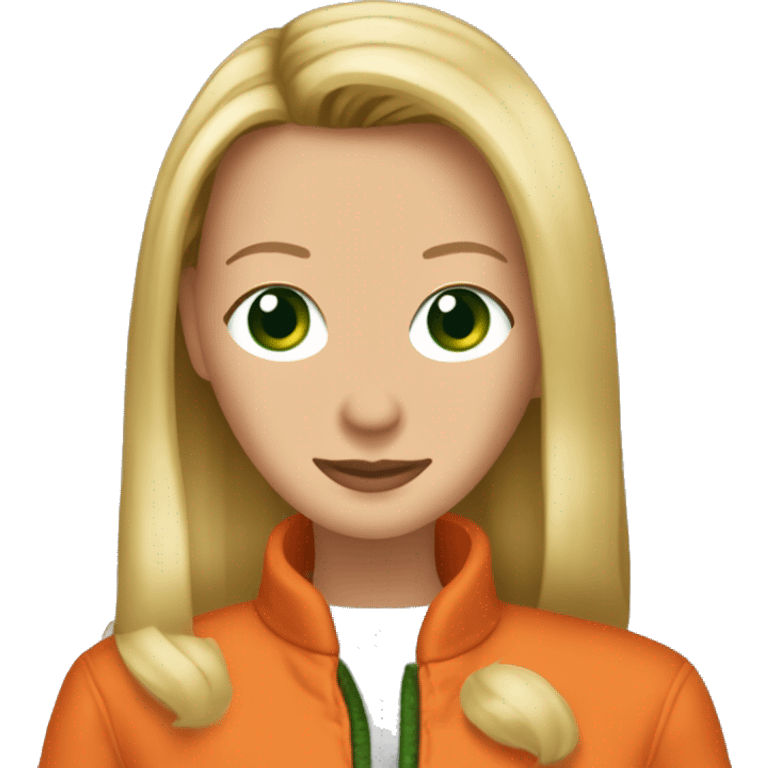 Phoebe Buffay from Friends with green eyes wearing an orange jacket emoji