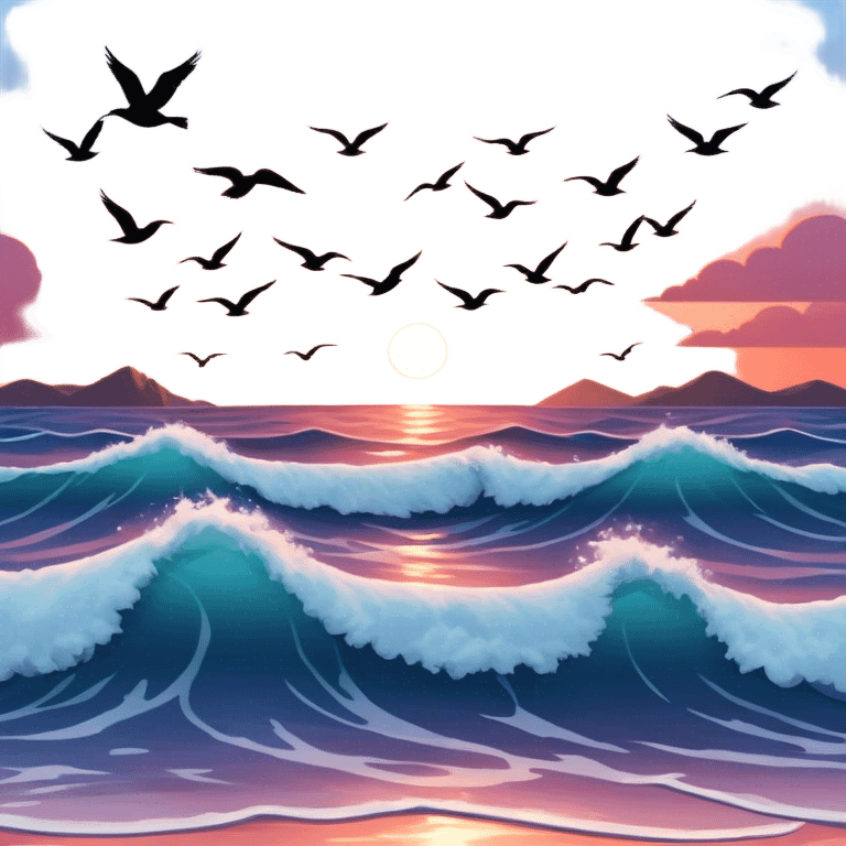 sunset over waves with birds flying overhead emoji