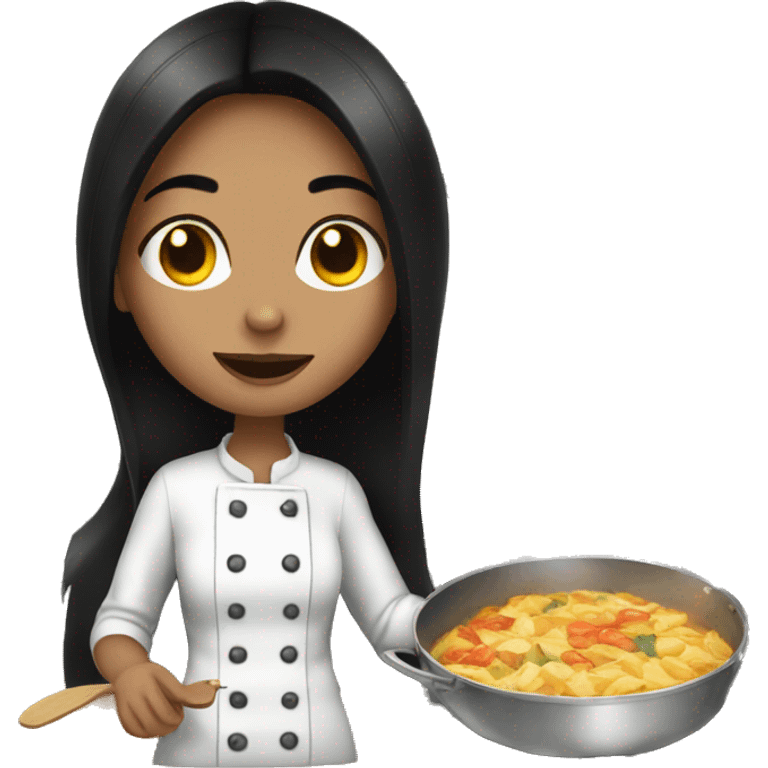 Pale girl with long black hair cooking dinner  emoji