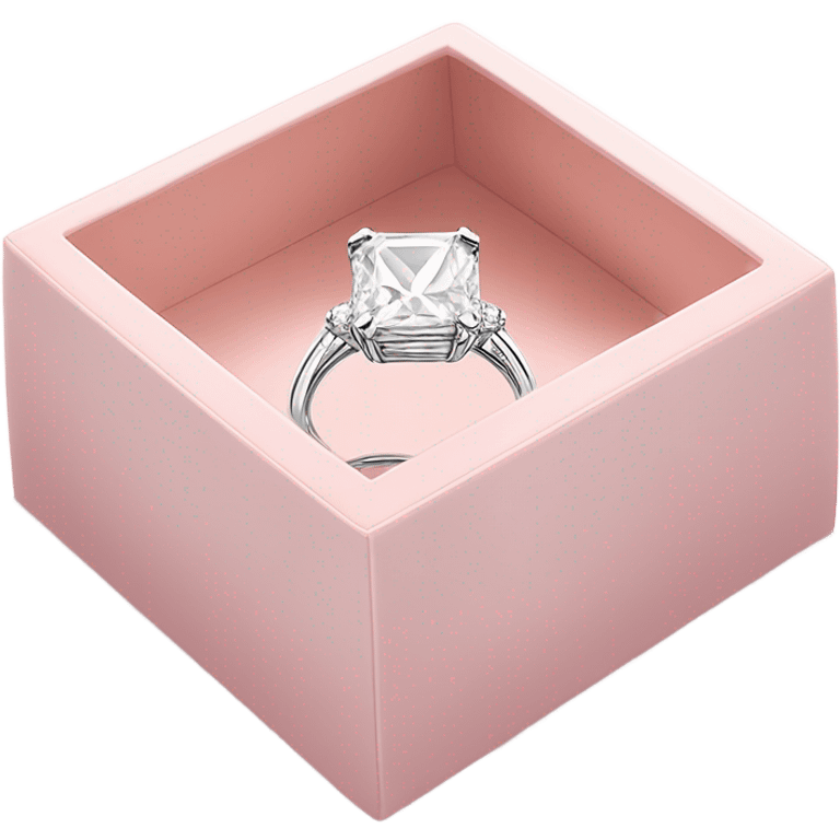 a luxurious all-white diamond ring placed inside an open, elegant square light pink box, shown from a side view. Use bold outlines, a glossy finish emoji