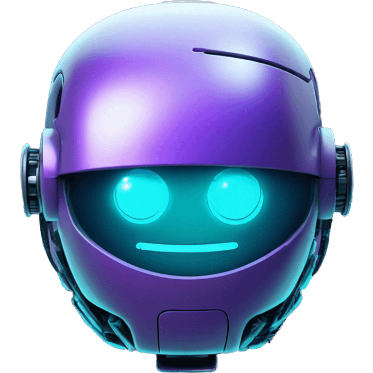 Smily face robotic scanning device, cyberpunk, cyan and purple colors, friendly, futuristic, binary code emoji