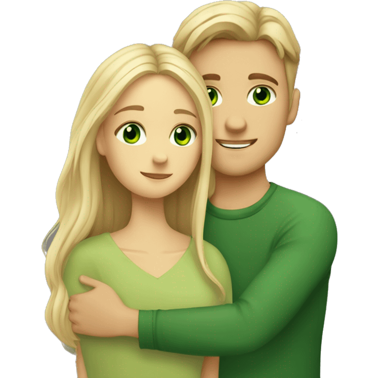 A girl with green eyes and brown long hair hugs a blond guy with green eyes emoji