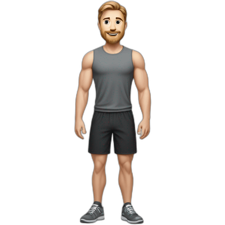 Full height realistic Actively gesturing with hands Pale skinned Fit Man With the biceps and brown hair in dark gray Sleeveless Mike, black oversize sports shorts, watch and white Sneakers emoji