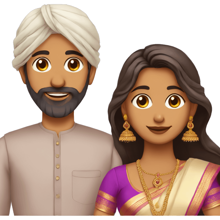 south indian girl with straight hair wearing lavender saree marrying south indian guy with curly hair and beard wearing dhoti emoji