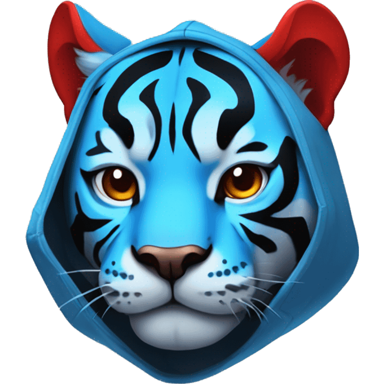 telegram sticker a A blue tiger with red stripes, red ears on the inside and black on the outside  wearing a hoodie emoji