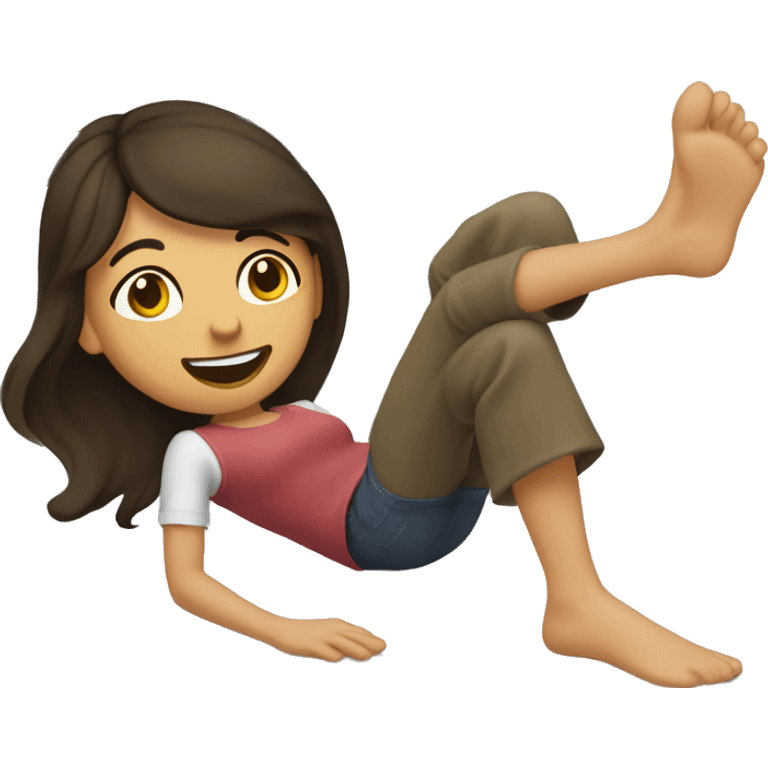 Brunette girl kicking and giggling on a bed  emoji