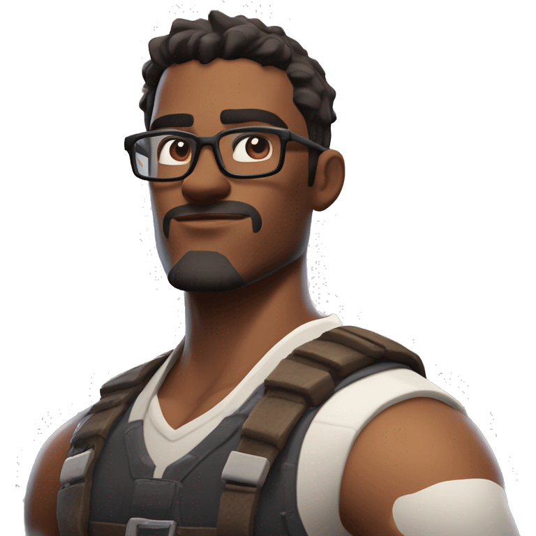  A tall, bespectacled, muscular and strong young man, deep-set eyes, round face, with dark brown hair and White skin tone, portrayed in the style of a Fortnite character rederend in the style of a fortnite charactere emoji